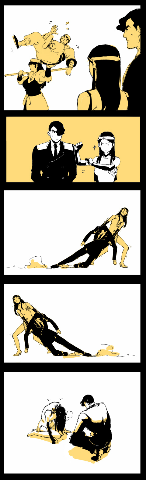 2boys, 2girls, bandana, carrying, china_dress, chinese_clothes, comic, dragging