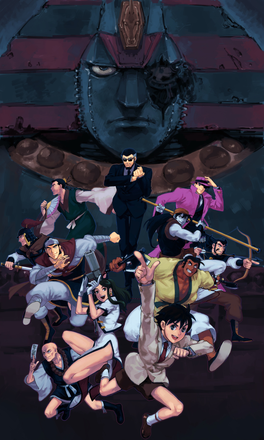 1girl, 6+boys, absurdres, bald, bandana, black_hair, blue_skin, bow_(weapon), china_dress, chinese_clothes, chuujo_the_silent, colored_skin, doujin_issei, dress, gakujin_go, giant_robo, ginrei_(giant_robo), hamu_fukurou, hat, highres, kaei, kusama_daisaku, long_coat, long_hair, monk, multiple_boys, murasame_kenji, short_hair, staff, taisou, tetsugyu, weapon, youshi, youshi_(giant_robo)