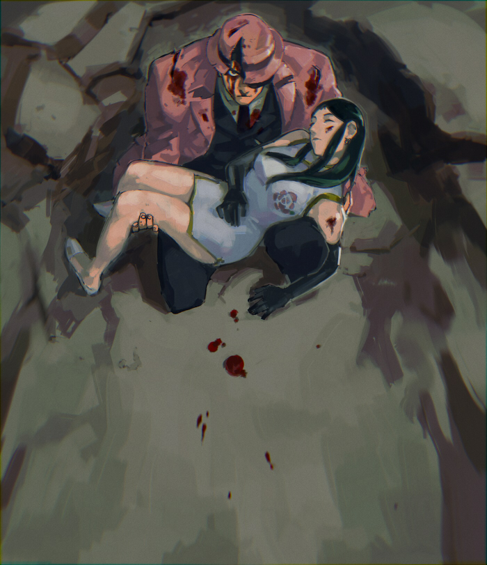 1boy, 1girl, black_hair, blood, bruise, giant_robo, ginrei_(giant_robo), hamu_fukurou