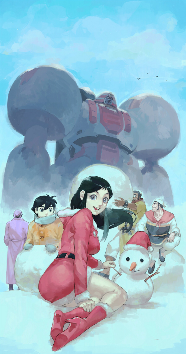 1girl, 4boys, bandana, black_hair, chinese_clothes, giant_robo, giant_robo_(mecha), ginrei_(giant_robo)