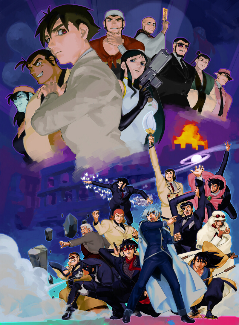 2girls, 6+boys, beard, bell_of_life_juujouji, big_fire, black_hair, china_dress, chinese_clothes