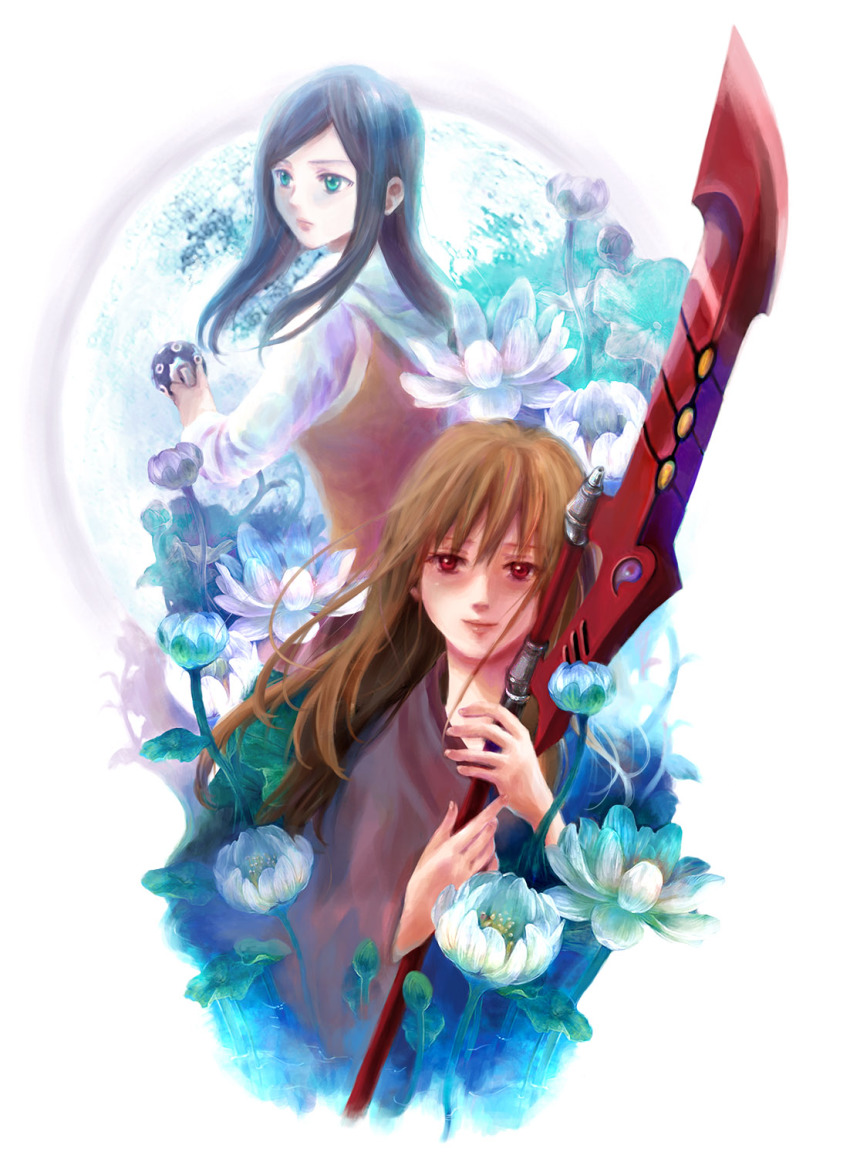 00s, 2girls, aqua_eyes, blue_hair, brown_hair, flower, fujino_shizuru, gun, highres, holding, kuga_natsuki, light_smile, long_hair, md5_mismatch, multiple_girls, my-hime, polearm, red_eyes, resolution_mismatch, sad_smile, seta_(pixiv12660898), source_smaller, weapon