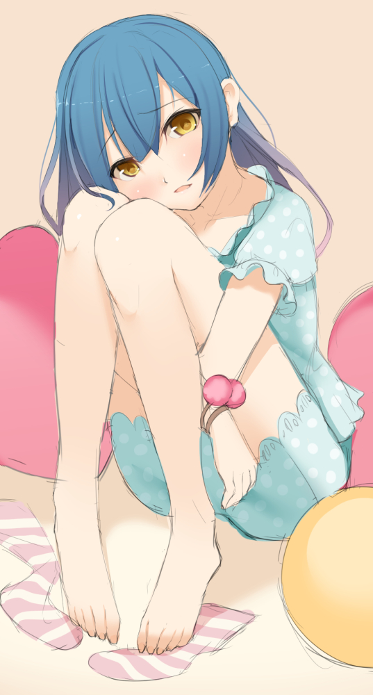 10s, 1girl, barefoot, black_hair, blue_hair, blush, bracelet, feet