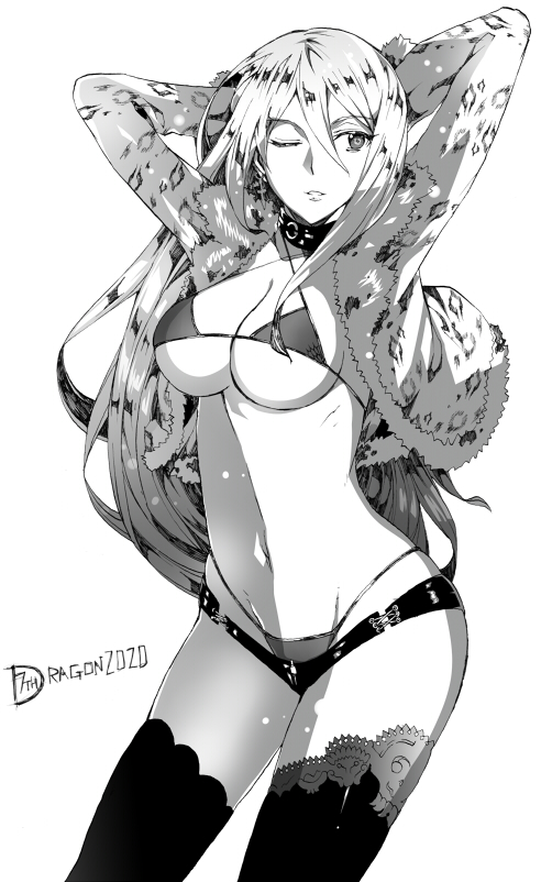 1girl, 7th_dragon_(series), 7th_dragon_2020, arms_behind_head, bikini, breasts, copyright_name, cowboy_shot