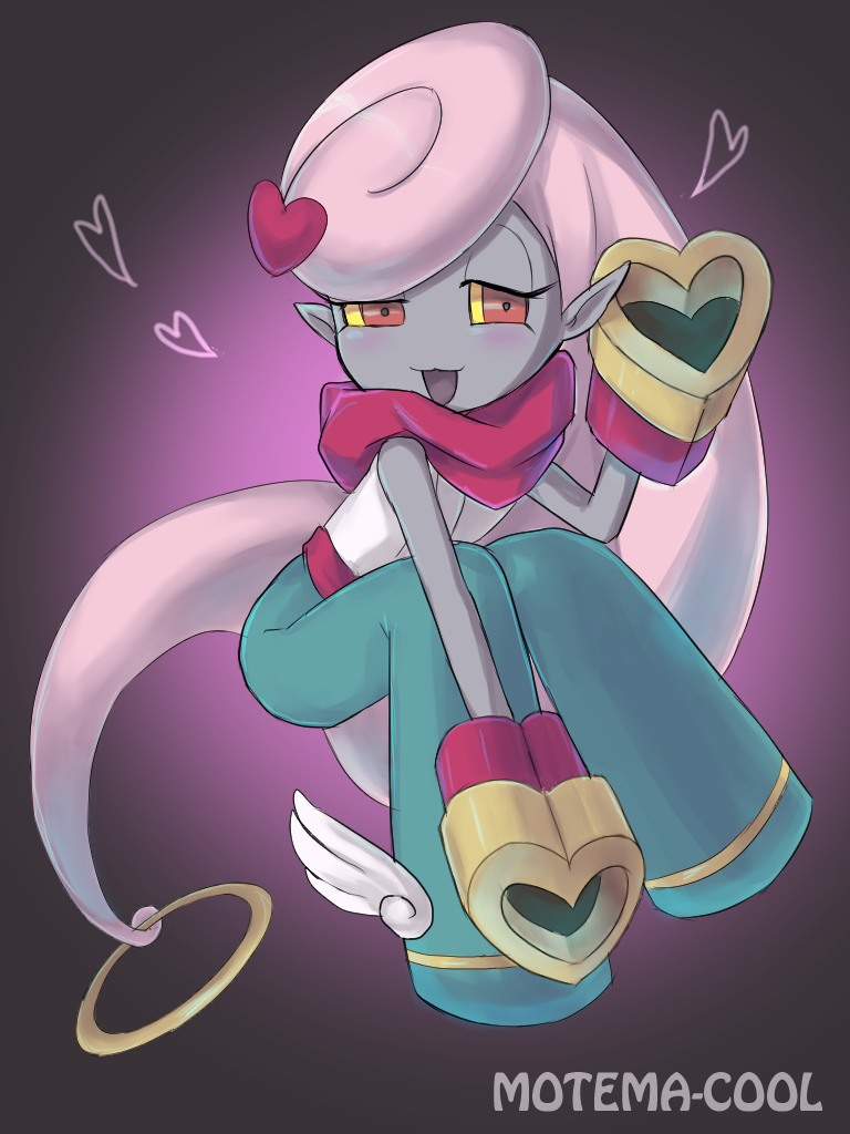 10s, blush, character_request, colored_sclera, gradient_background, heart, looking_at_viewer, mashu_mayuko, pink_hair, red_eyes, yellow_sclera, youkai_watch