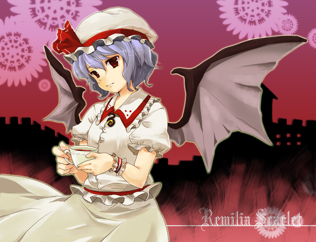1girl, bad_id, bad_pixiv_id, bat_wings, blue_hair, character_name, cup, female_focus