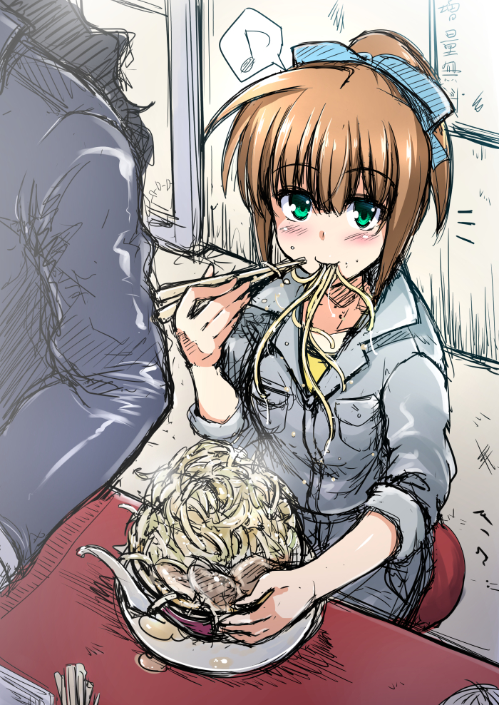1boy, 1girl, bowl, brown_hair, c.r., chopsticks, eating, food