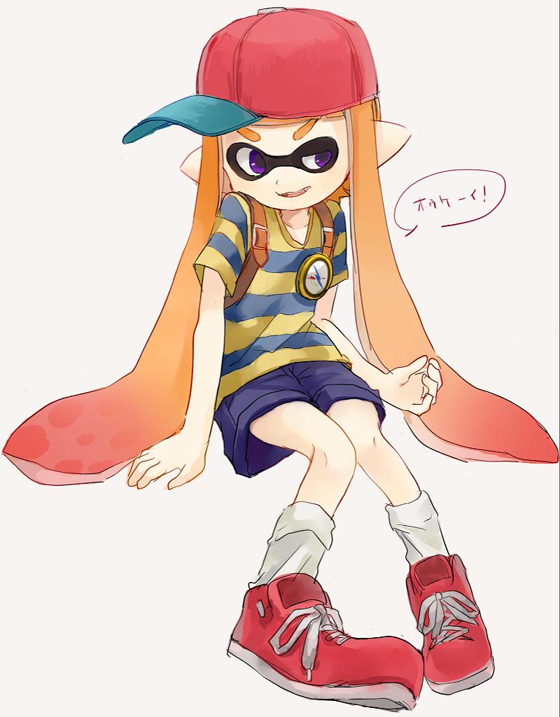 1girl, backpack, badge, bag, baseball_cap, cosplay, female_focus, franklin_badge, hat, inkling, inkling_girl, inkling_player_character, japanese_text, knees_together_feet_apart, monster_girl, mother_(series), mother_2, myuu1995, ness_(mother_2), ness_(mother_2)_(cosplay), nintendo, orange_hair, purple_eyes, shirt, sidelocks, simple_background, sitting, smirk, solo, splatoon_(series), splatoon_1, t-shirt, tentacle_hair, translated, white_background