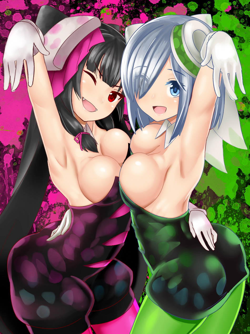 2girls, armpits, asymmetrical_docking, black_hair, blue_eyes, breast_press, breasts, callie_(splatoon)