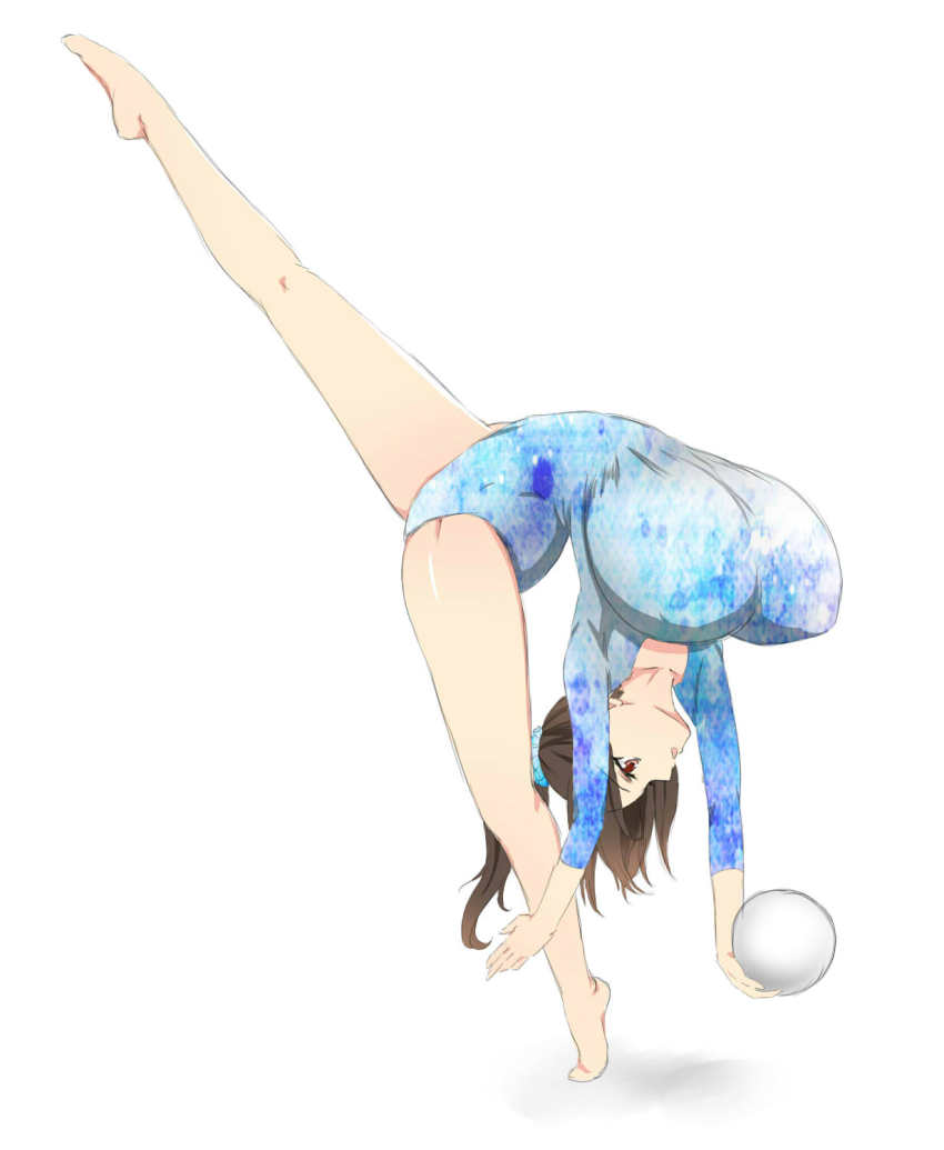 1girl, athletic_leotard, breasts, brown_hair, covered_erect_nipples, female_focus, gigantic_breasts, gymnastics, highres, huge_breasts, leotard, nehani_(tworship), ponytail, red_eyes, rhythmic_gymnastics, simple_background, solo, tight_clothes, tworship