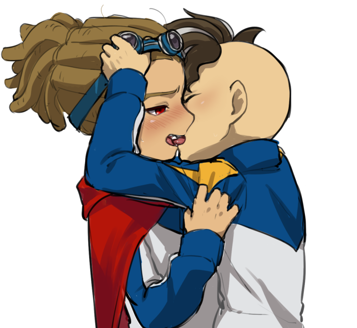 2boys, blue_legwear, blush, brown_hair, cape, closed_eyes, dreadlocks, french_kiss, fudou_akio, goggles, goggles_on_head, inazuma_eleven, inazuma_eleven_(series), inazuma_japan, kidou_yuuto, kiss, male_focus, multiple_boys, norun, red_eyes, short_hair, simple_background, soccer_uniform, sportswear, yaoi
