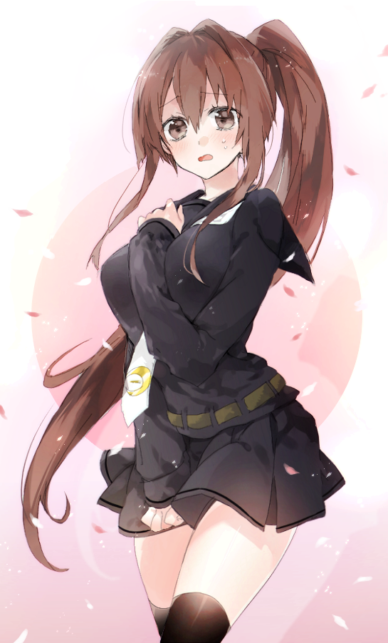 1girl, between_breasts, black_serafuku, black_thighhighs, blush, breasts, brown_eyes, brown_hair, cosplay, cowboy_shot, curvy, female_focus, fumizuki_(kancolle), fumizuki_(kancolle)_(cosplay), gradient_background, kantai_collection, large_breasts, long_hair, looking_at_viewer, necktie, open_mouth, petals, ponytail, satsuki_(kancolle), satsuki_(kancolle)_(cosplay), school_uniform, serafuku, sino_(sionori), skirt, solo, standing, thighhighs, very_long_hair, wide_hips, yamato_(kancolle)