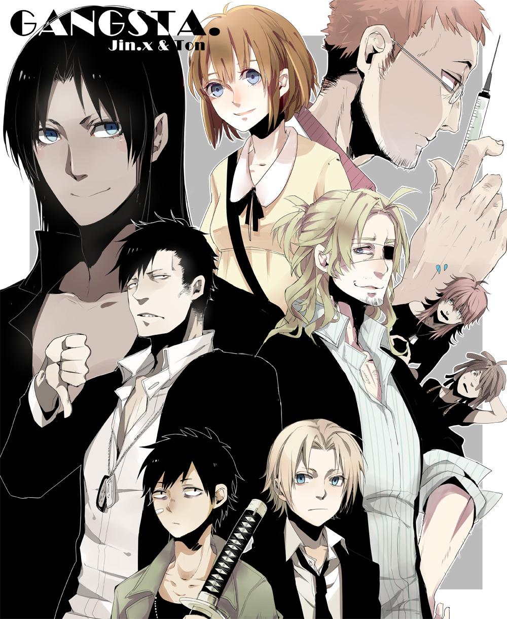 10s, alex_benedetto, black_hair, blonde_hair, blue_eyes, brown_hair, dog_tags, dr._theo_(gangsta)