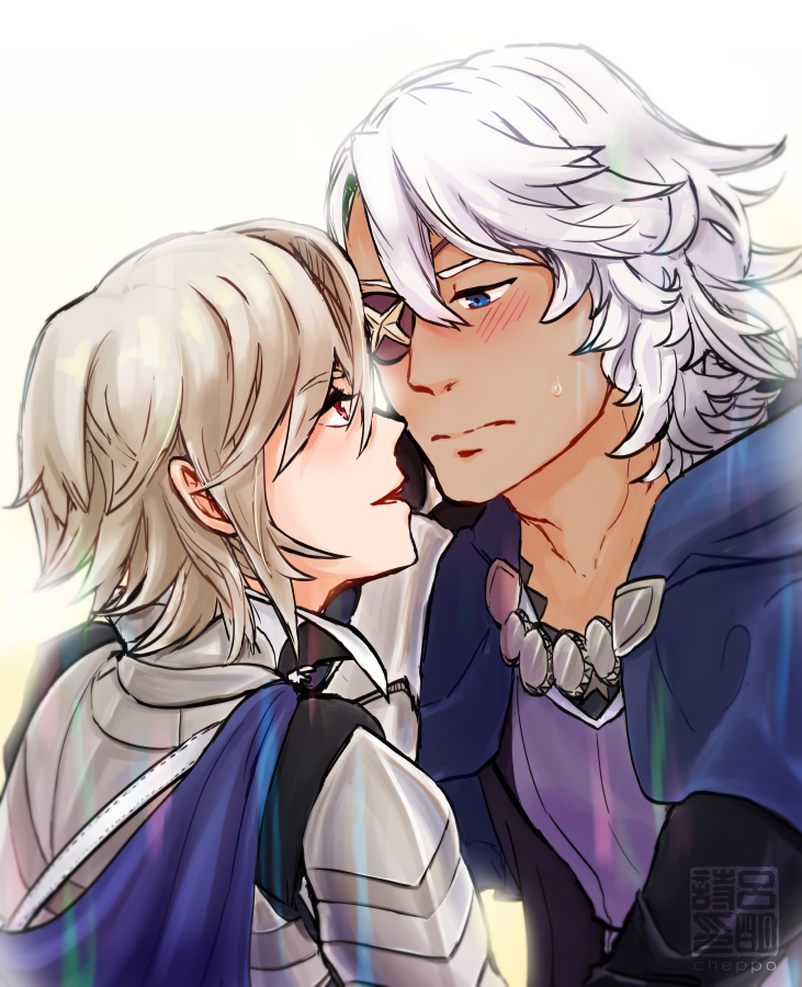 2boys, blonde_hair, blush, cape, cheppo, male_corrin_(fire_emblem), eyepatch, fire_emblem