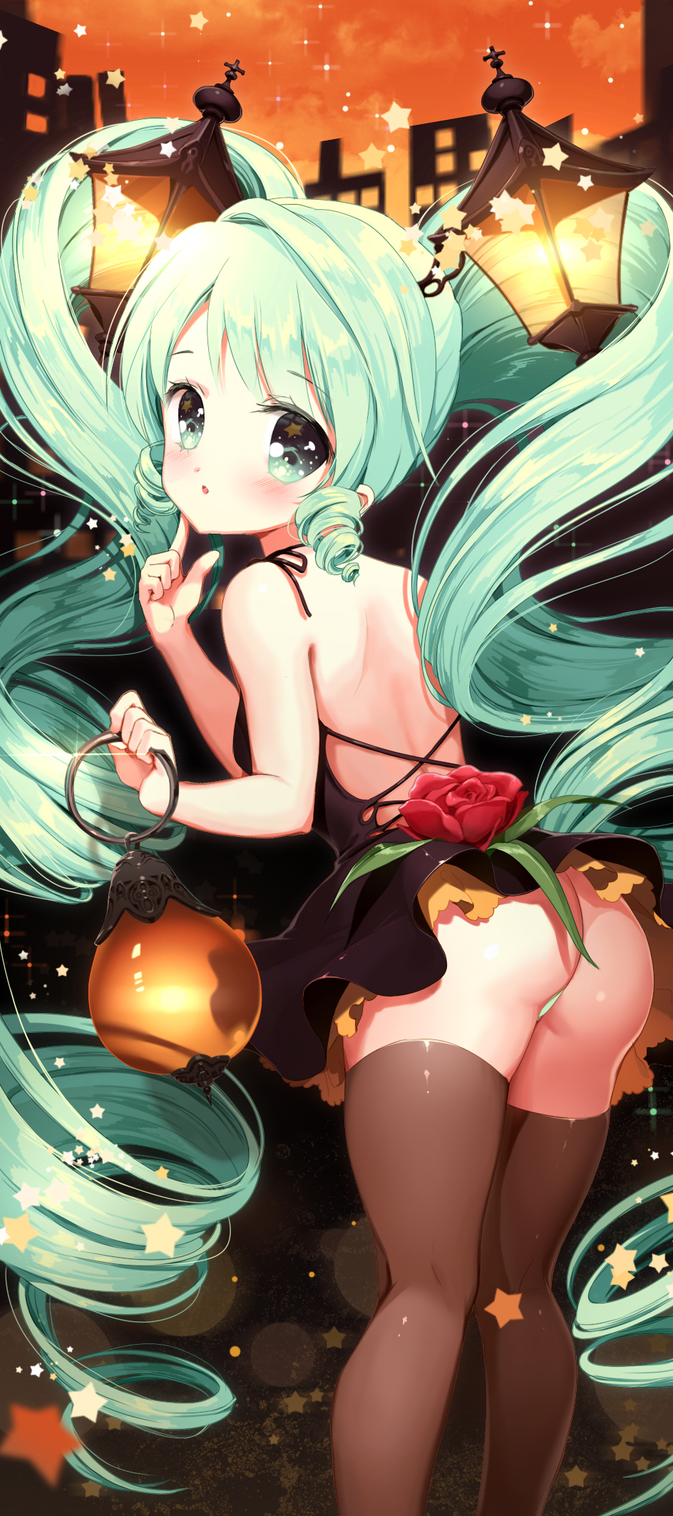 1girl, aqua_eyes, aqua_hair, ass, back, backless_dress, backless_outfit, bad_id, bad_pixiv_id, black_dress, black_thighhighs, blush, dress, female_focus, flower, green_panties, hair_ornament, hatsune_miku, highres, lamp_miku, long_hair, looking_at_viewer, panties, pantyshot, rose, siloteddy, solo, standing, thighhighs, twintails, twisted_neck, underwear, vocaloid