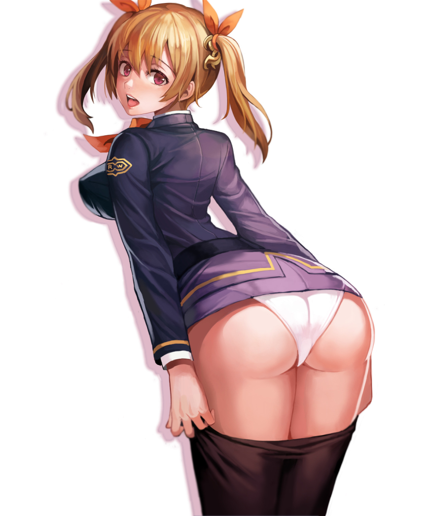 1girl, ass, bad_id, bad_pixiv_id, black_pantyhose, blonde_hair, breasts, clothes_pull