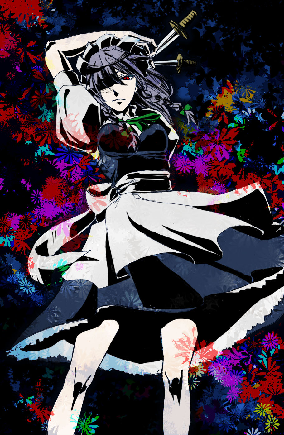 1girl, between_fingers, female_focus, highres, holding, izayoi_sakuya, knife, maid