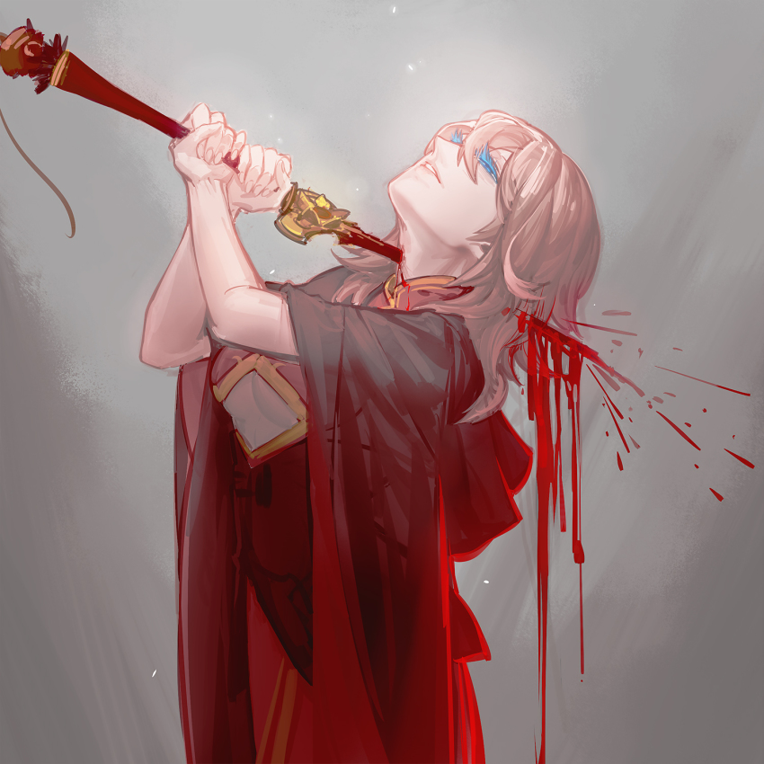 10s, 1girl, blood, blue_eyes, chaos_dragon, death, female_focus, gradient_background