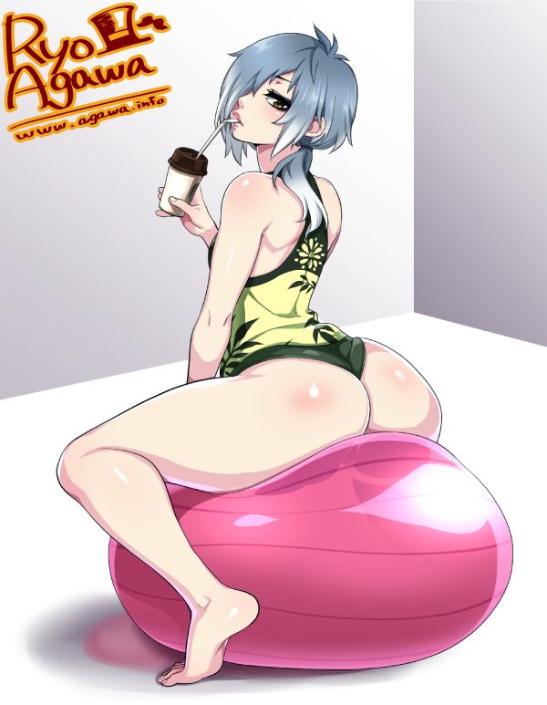 1girl, agawa_ryou, amemiya_tamae, artist_name, ass, ball, bare_shoulders, barefoot, blush, brown_eyes, cup, drink, drinking_straw, exercise_ball, female_focus, from_behind, gradient_background, hair_over_one_eye, huge_ass, lips, long_hair, looking_at_viewer, looking_back, original, ponytail, short_shorts, shorts, silver_hair, sitting, sleeveless, solo, thighs, watermark, web_address