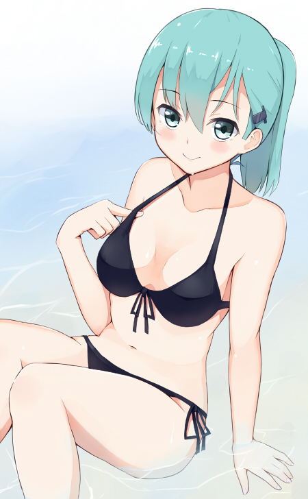 10s, 1girl, alternate_hairstyle, aqua_eyes, aqua_hair, bikini, blush, breasts