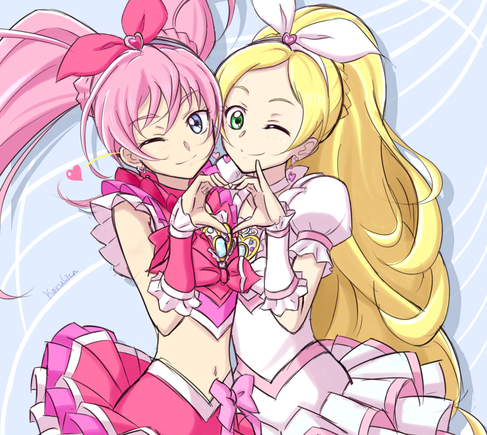 10s, 2girls, bad_id, bad_pixiv_id, blonde_hair, blue_background, blue_eyes, bow