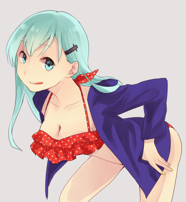 10s, 1girl, 8ne_(nitika127), aqua_eyes, aqua_hair, bad_id, bad_pixiv_id, bikini, breasts, female_focus, hair_ornament, hairclip, jacket, kantai_collection, long_hair, polka_dot, polka_dot_bikini, polka_dot_swimsuit, simple_background, smile, solo, suzuya_(kancolle), swimsuit