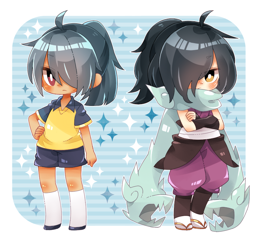 10s, 2boys, ahoge, blush, border, chibi, crossed_arms, crossover