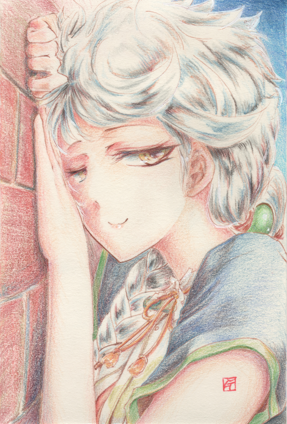 10s, 1girl, against_wall, asymmetrical_hair, braid, brick_wall, female_focus, gradient_background