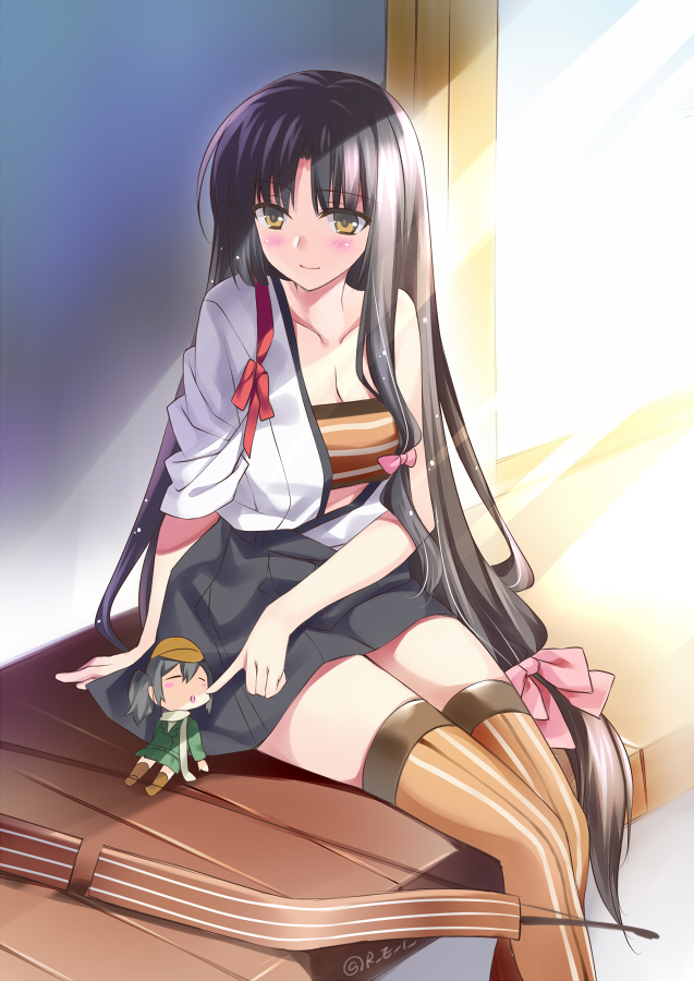 10s, 2girls, black_hair, blush, breasts, brown_eyes, brown_legwear, chibi, cleavage, collarbone, closed_eyes, fairy_(kancolle), grey_hair, hair_ribbon, hat, japanese_clothes, kantai_collection, long_hair, multiple_girls, pleated_skirt, rei_(rei's_room), ribbon, shouhou_(kancolle), skirt, smile, suisei_(kancolle), thighhighs, veranda, very_long_hair