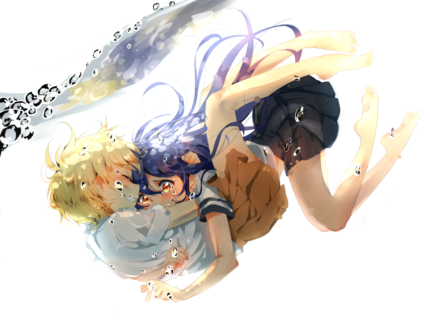 2girls, barefoot, blonde_hair, blue_hair, blush, brown_eyes, closed_eyes, grin, hanyuda_mito, hanyuuda_mito, highres, hug, multiple_girls, school_uniform, short_hair, simple_background, smile, sodeno_botan, tears, tokyo_7th_sisters, underwater, wakaouji_rui