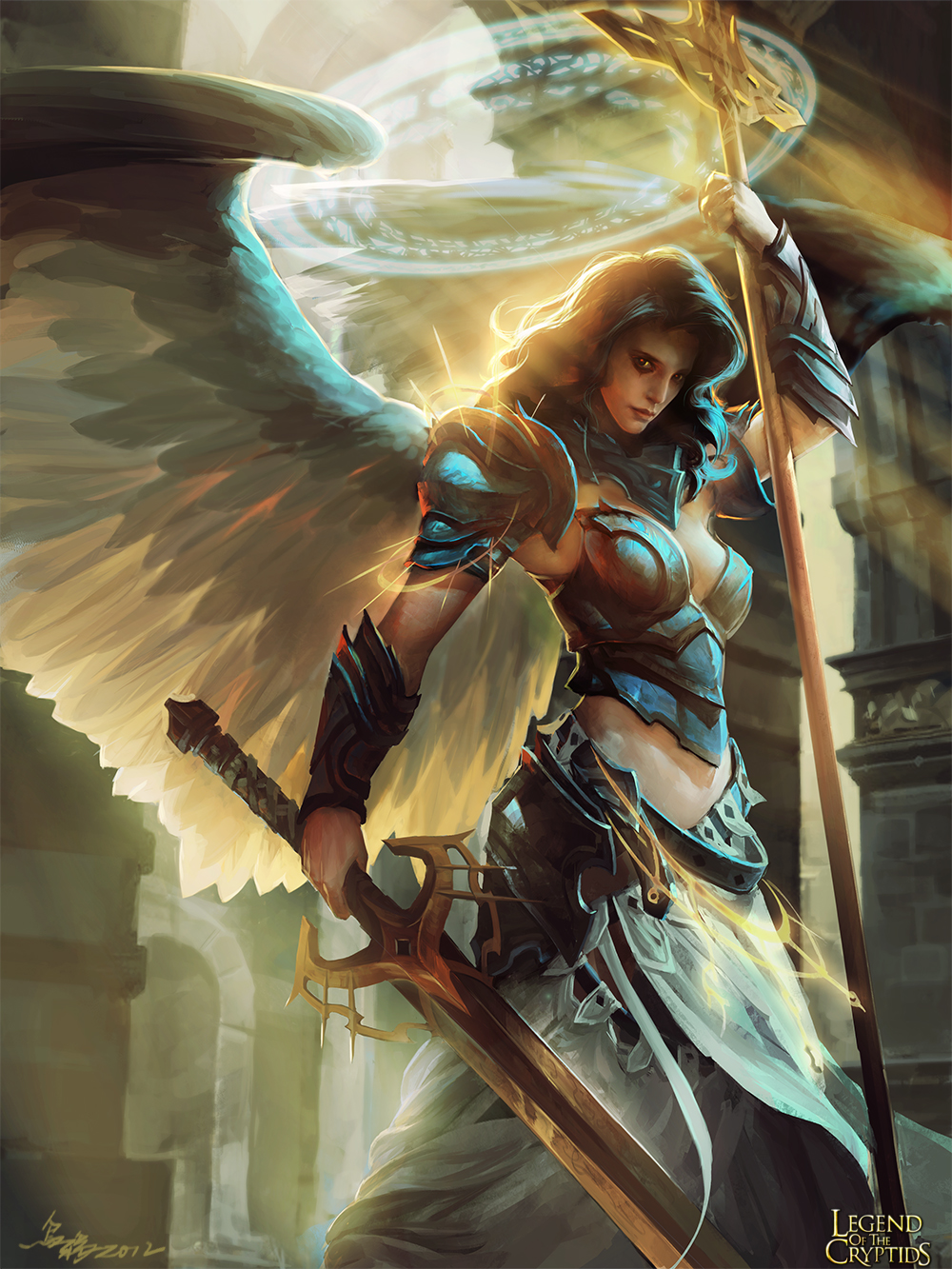 1girl, armor, black_hair, breasts, copyright_name, crowgod, dated, feathered_wings