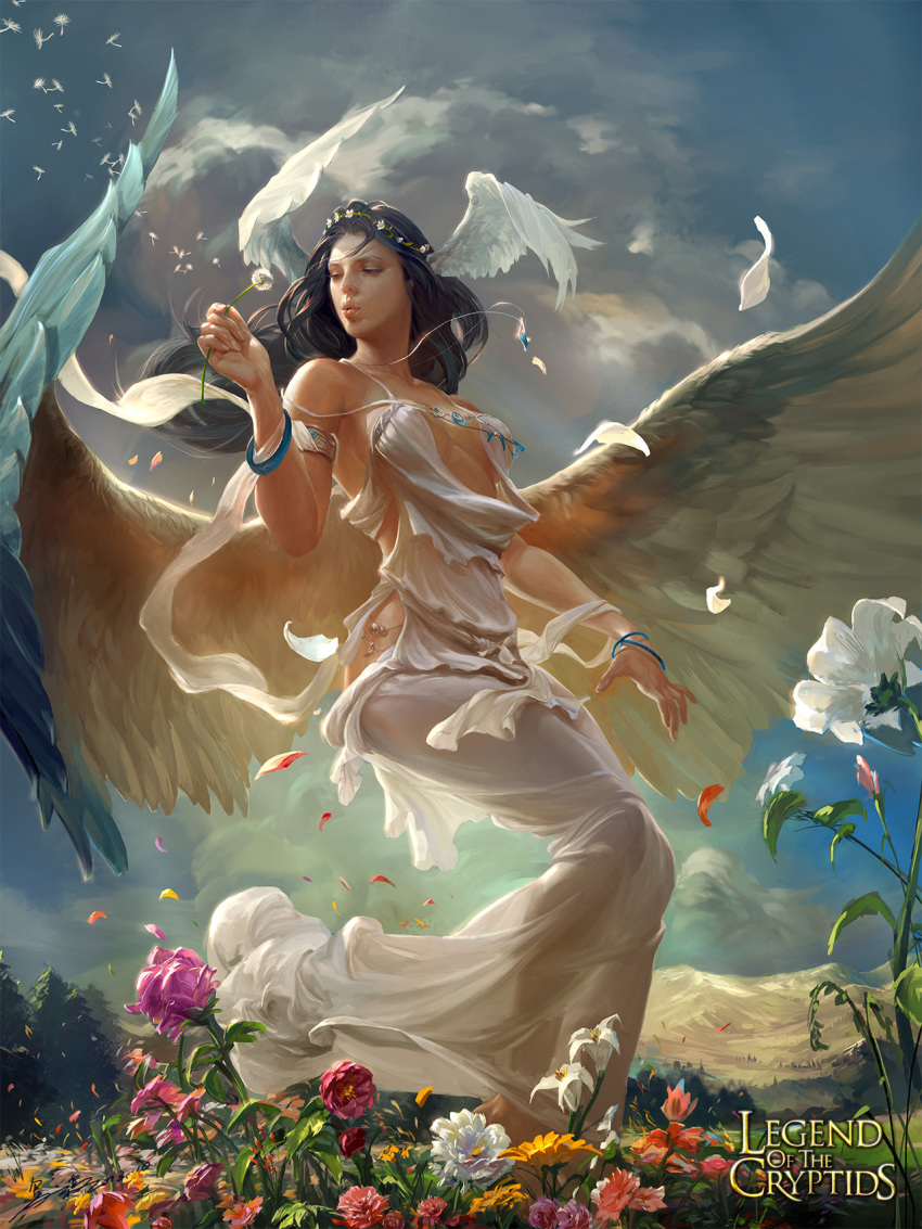 1girl, armlet, bare_shoulders, barefoot, black_hair, blowing, bracelet, breasts, cloud, copyright_name, crowgod, dandelion, dress, feathered_wings, female_focus, flower, head_wings, head_wreath, highres, hip_focus, jewelry, legend_of_the_cryptids, lily_(flower), long_hair, mountain, necklace, peony_(flower), petals, ranunculus, rose, solo, white_dress, wings, zinnia