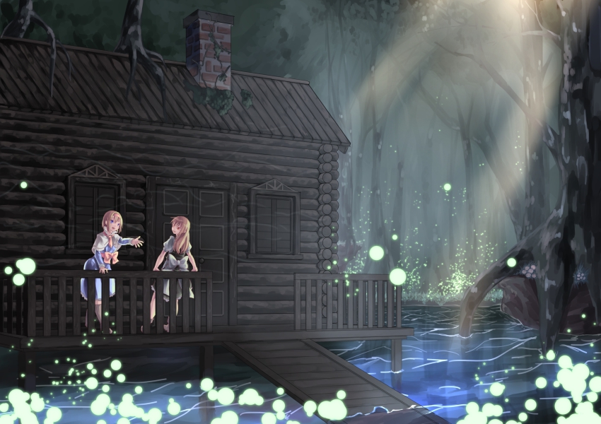 2girls, alice_margatroid, bad_id, bad_pixiv_id, blonde_hair, cabin, caustics, fireflies