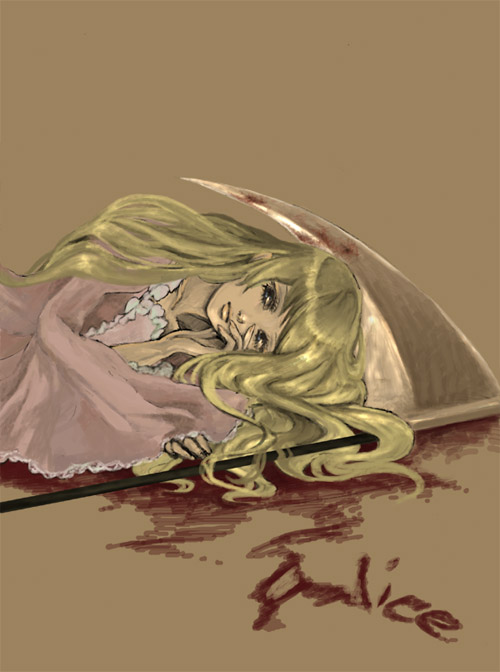 1girl, alice_(alice_in_wonderland), blonde_hair, blood, blood_writing, character_name, dress, expressionless