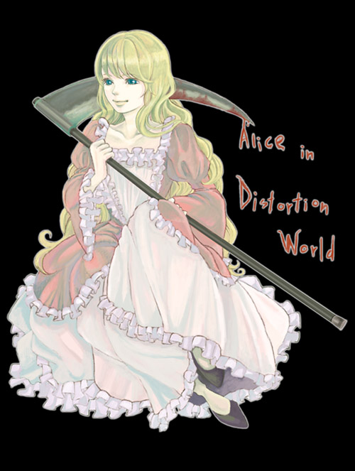 1girl, alice_(alice_in_wonderland), black_background, black_shoes, blonde_hair, blood, blue_eyes, character_name
