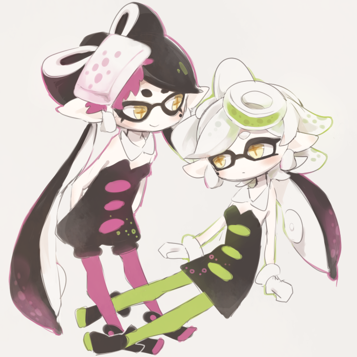 2girls, arms_behind_back, bad_id, callie_(splatoon), callie_(squid_sisters_outfit)_(splatoon), cousins, detached_collar, dress