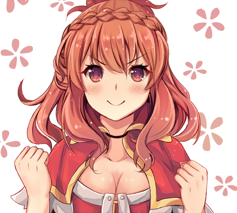 >:), 1girl, blush, braid, breasts, capelet, claudia_(sennen_sensou_aigis), cleavage, clenched_hands, crown_braid, female_focus, looking_at_viewer, qunqing, red_eyes, red_hair, sennen_sensou_aigis, smile, solo, upper_body, v-shaped_eyebrows, white_background