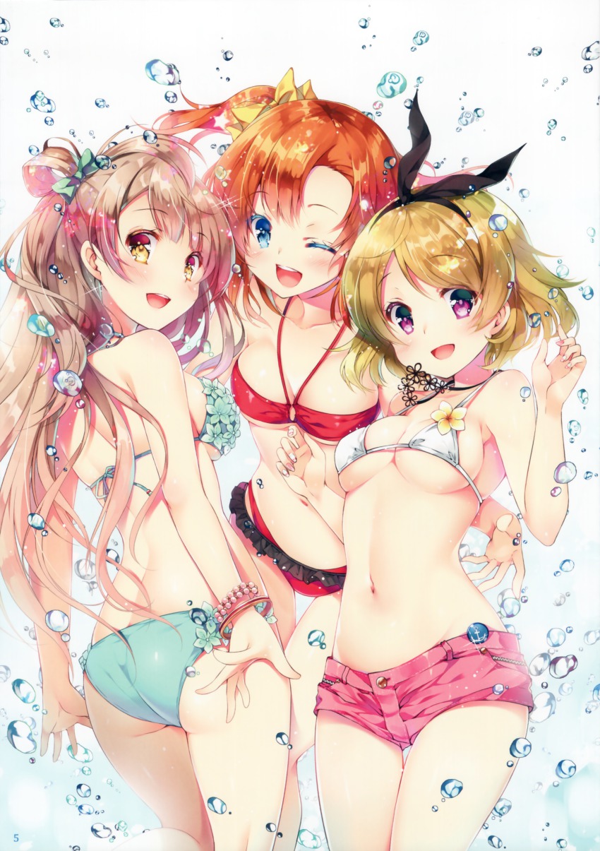 10s, 3girls, :d, ;d, absurdres, anchor_symbol, arm_around_another's_waist, ass, back, bandeau, bangle, bikini, bikini_top_only, blonde_hair, blue_background, blue_bikini, blue_eyes, blush, bow, bracelet, breasts, brown_hair, cleavage, collarbone, fingernails, flower, gradient_background, green_bow, grey_hair, grin, groin, hair_bow, hair_ribbon, halterneck, highres, jewelry, koizumi_hanayo, kosaka_honoka, leaning_forward, long_fingernails, long_hair, looking_at_viewer, looking_back, love_live!, love_live!_school_idol_project, minami_kotori, miwabe_sakura, multicolored_nails, multiple_girls, nail_polish, navel, necklace, one_eye_closed, one_side_up, open_mouth, orange_hair, pink_eyes, pink_nails, printemps_(love_live!), red_bikini, ribbon, scan, shiny_clothes, shiny_skin, short_hair, short_shorts, shorts, smile, strap_gap, string_bikini, swimsuit, thigh_gap, underboob, water, water_drop, white_bikini, yellow_bow, yellow_eyes