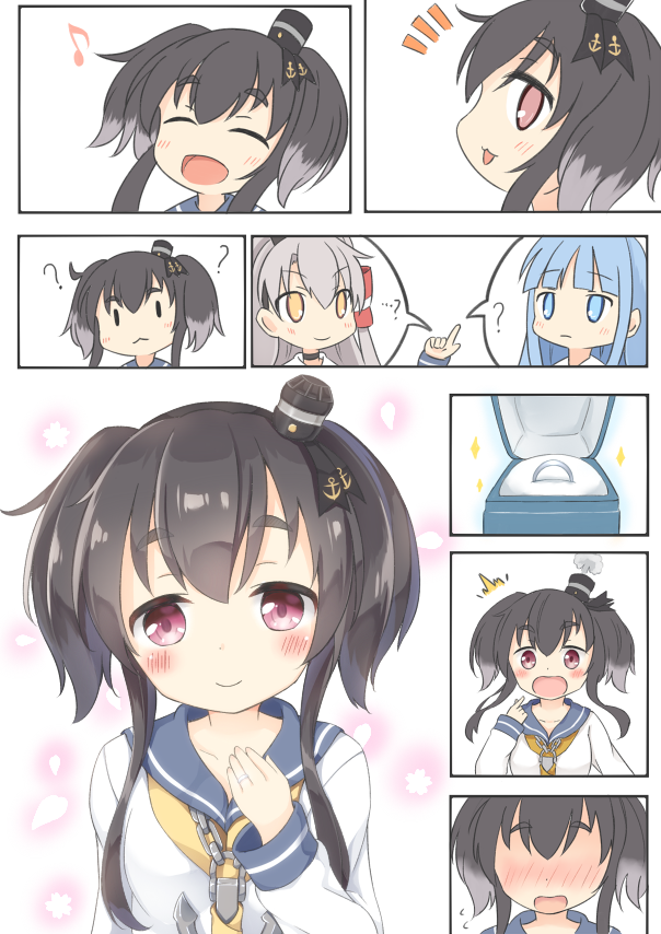 10s, 3girls, :3, :d, ?, ^^^, akiomoi, amatsukaze_(kancolle)