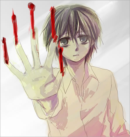 1boy, black_eyes, black_hair, blood, claws, darren_shan, gradient_background, lowres