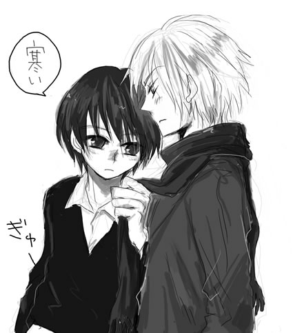 2boys, black_hair, blonde_hair, blush, darren_shan, greyscale, hands_in_pockets, lowres