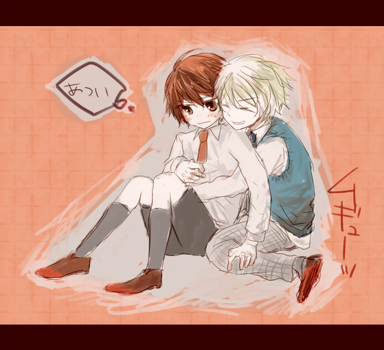 2boys, black_hair, blonde_hair, blush, closed_eyes, darren_shan, hug, hug_from_behind