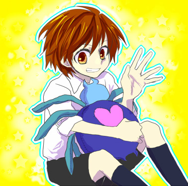 1boy, black_hair, brown_eyes, bug, darren_shan, lowres, male_focus, necktie, short_hair, shorts, simple_background, skn_nks, smile, solo, spider, stuffed_toy, the_saga_of_darren_shan, vampire