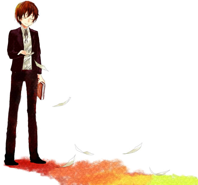 1boy, black_hair, book, bow, closed_eyes, darren_shan, flying, formal_clothes, male_focus, necktie, short_hair, simple_background, skn_nks, smile, solo, the_saga_of_darren_shan, vampire