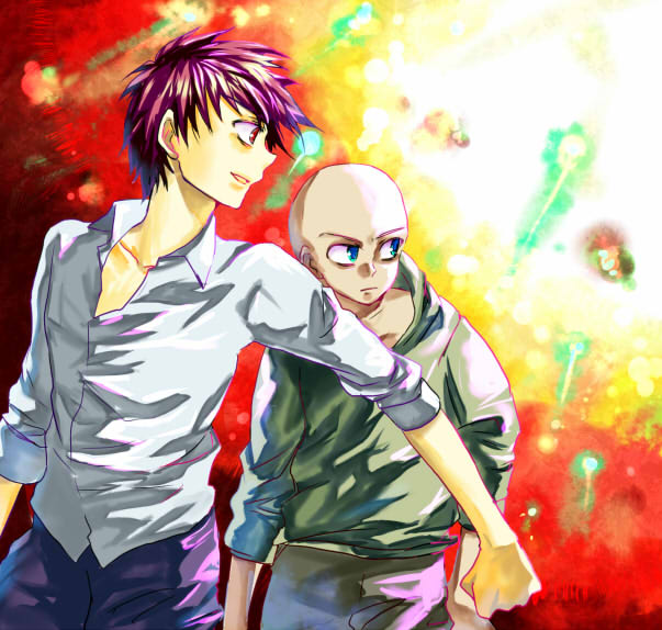 2boys, bald, blue_eyes, dark_skin, dark-skinned_male, grubitsch_grady, hood, hoodie