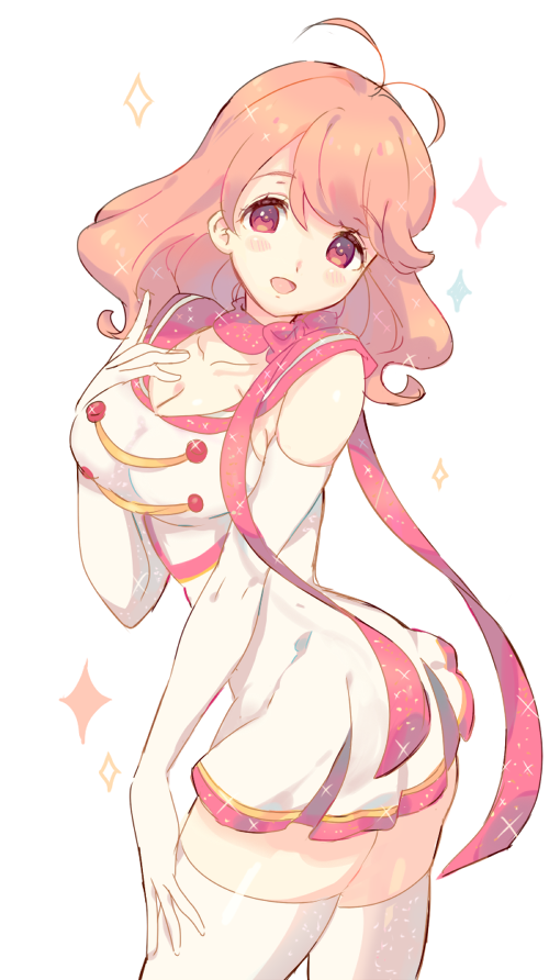 1girl, antenna_hair, bad_id, bad_twitter_id, blush, breasts, cowboy_shot, elbow_gloves