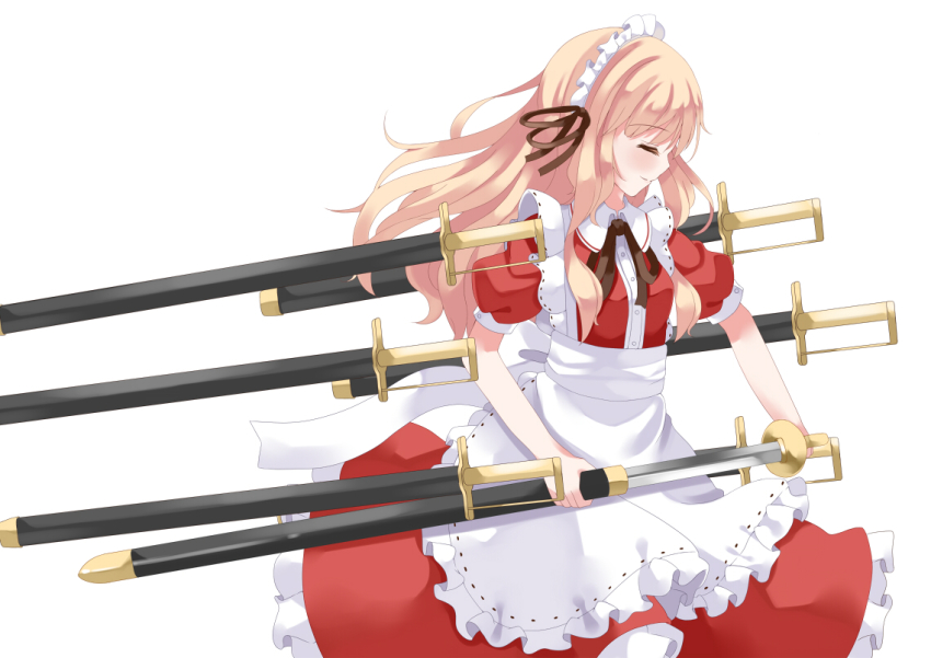 1girl, apron, blonde_hair, bow, dress, female_focus, frills, long_hair, maid_headdress, nanatuki13, profile, puffy_sleeves, red_dress, ribbon, short_sleeves, simple_background, smile, solo, sword, touhou, touhou_(pc-98), waist_apron, weapon, white_background, yumeko_(touhou)