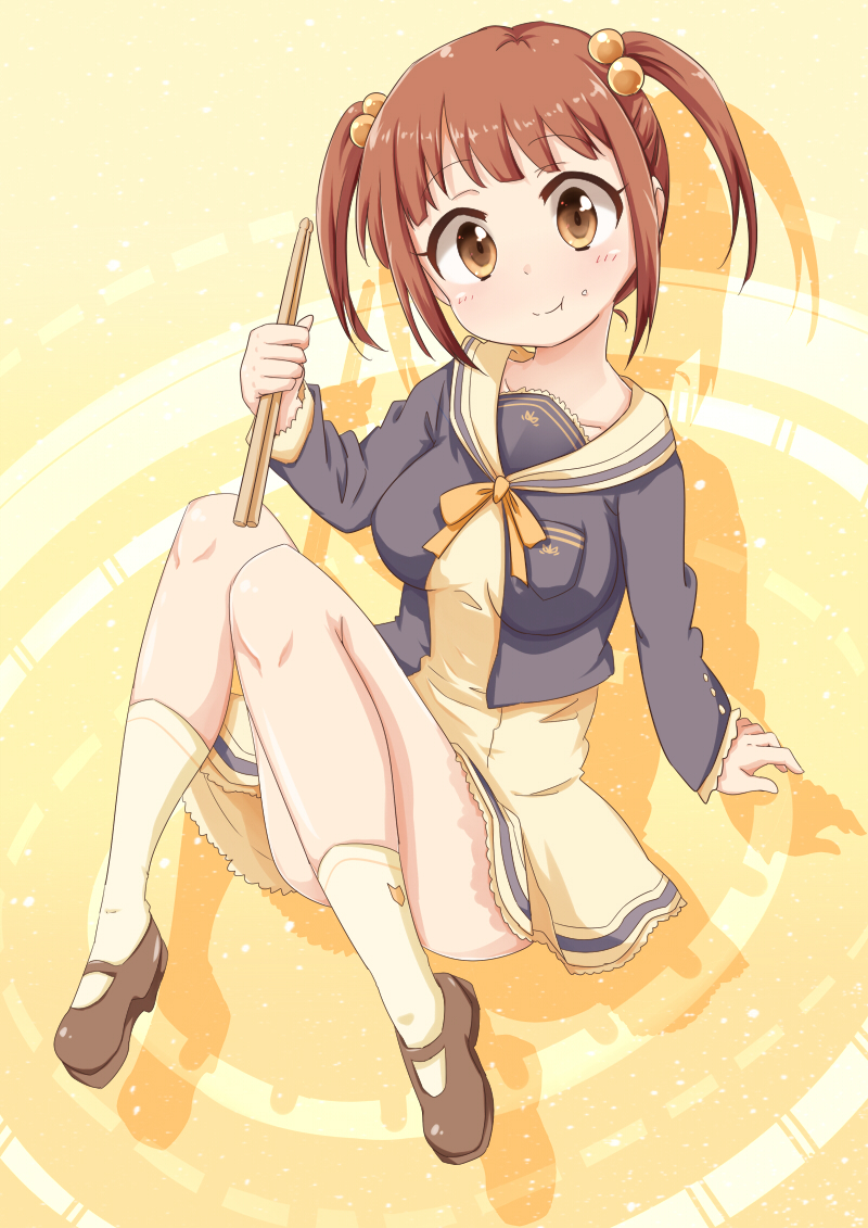 1girl, :t, arm_support, brown_eyes, brown_hair, chigusa, drumsticks, eating