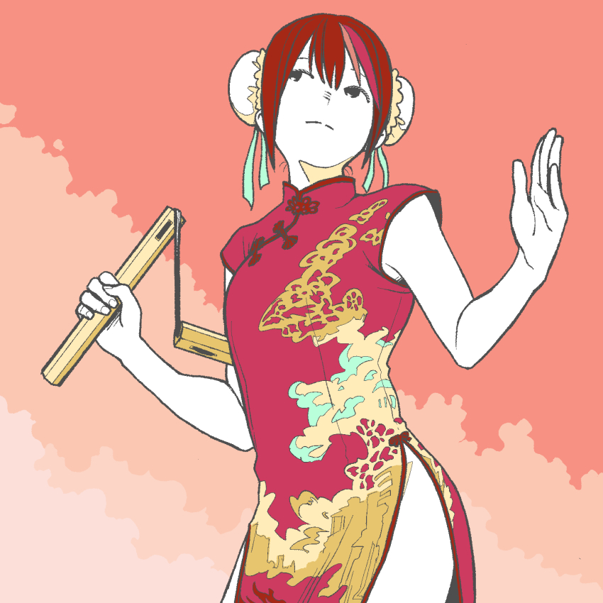 1girl, bare_hips, black_eyes, brown_hair, bun_cover, china_dress, chinese_clothes, commentary_request