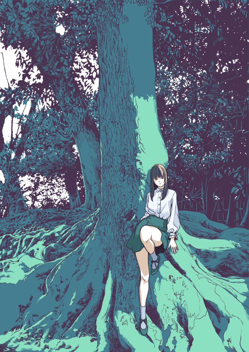 1girl, against_tree, blouse, blunt_bangs, female_focus, forest, green_shoes, green_theme